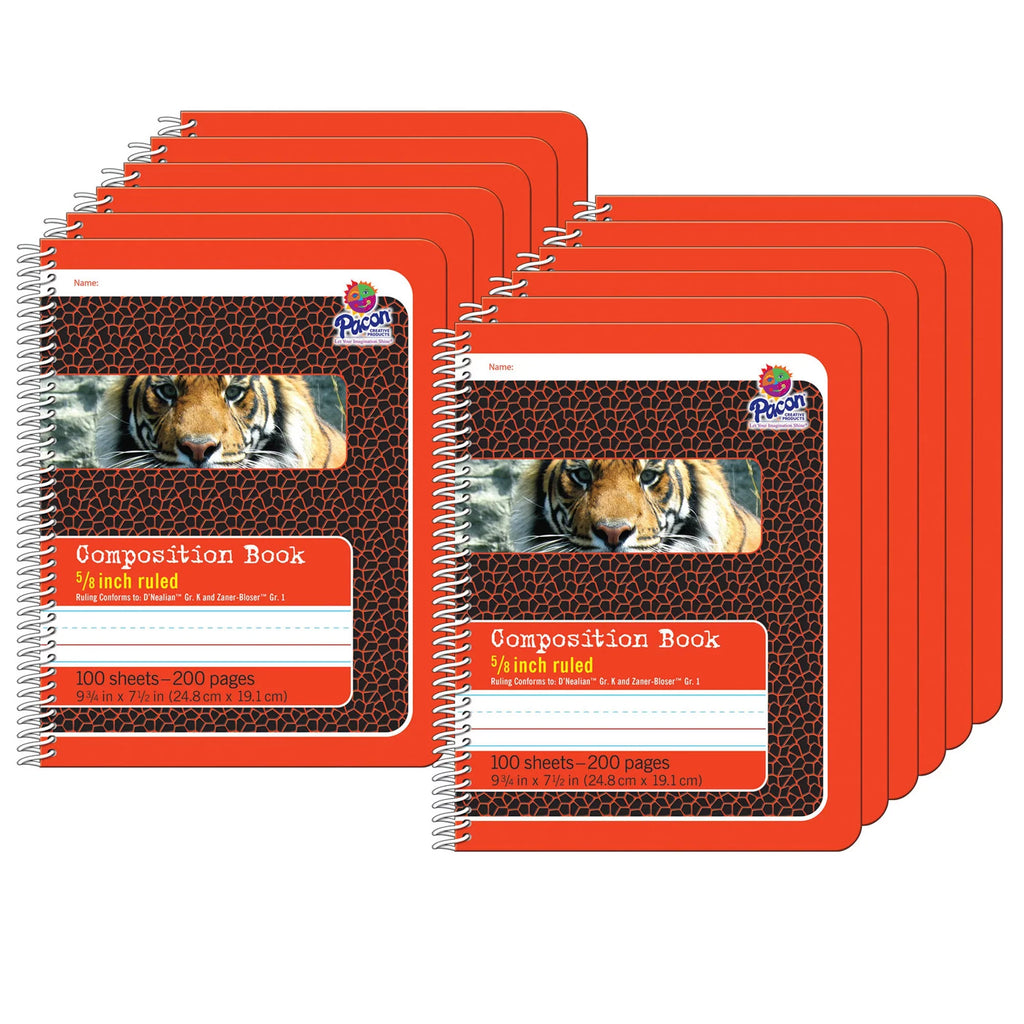 Primary Composition Book, 5/8" Ruled, Spiral Bound, Red/Tiger, 9.75" x 7.5", 200 Pages, Pack of 12
