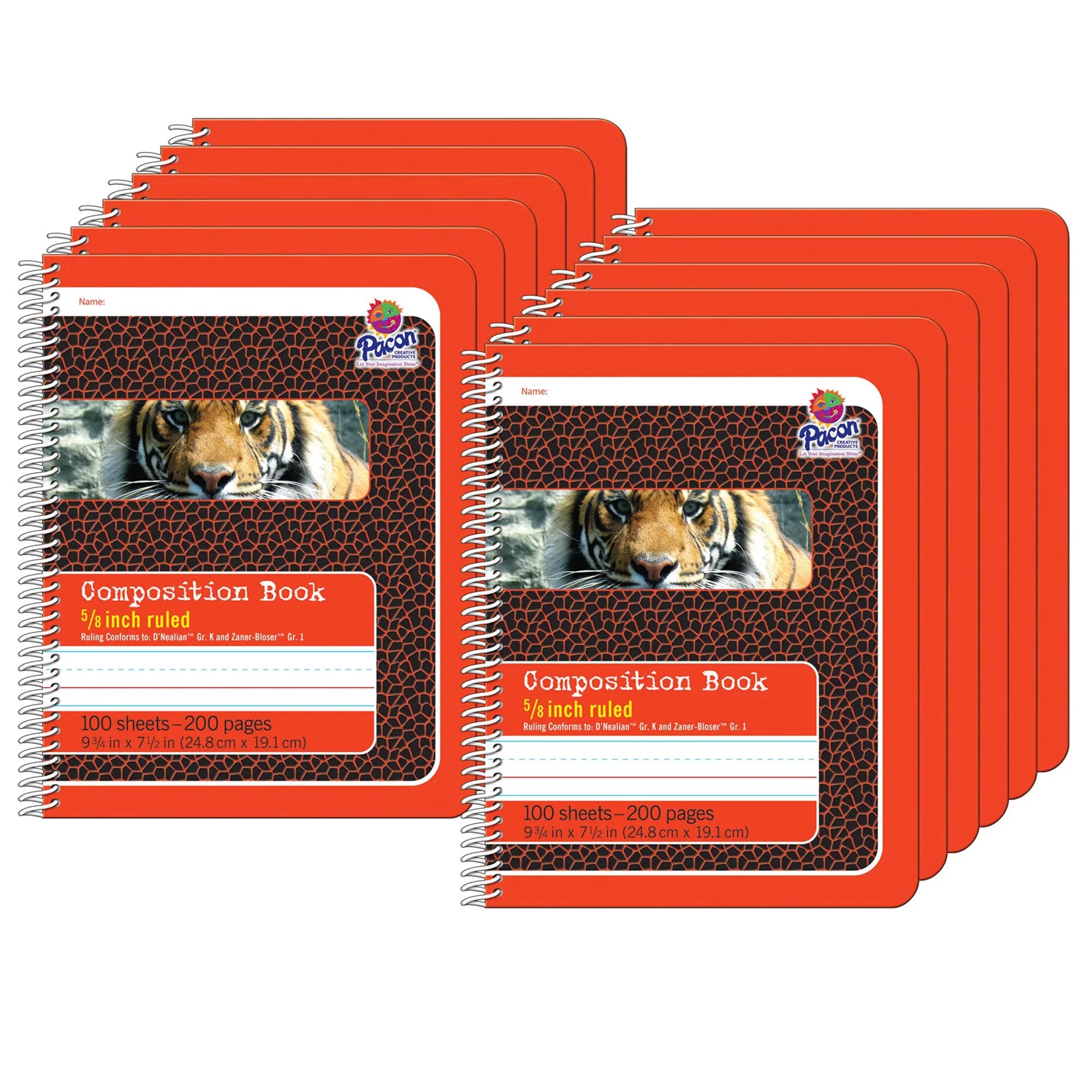 Primary Composition Book, 5/8" Ruled, Spiral Bound, Red/Tiger, 9.75" x 7.5", 200 Pages, Pack of 12