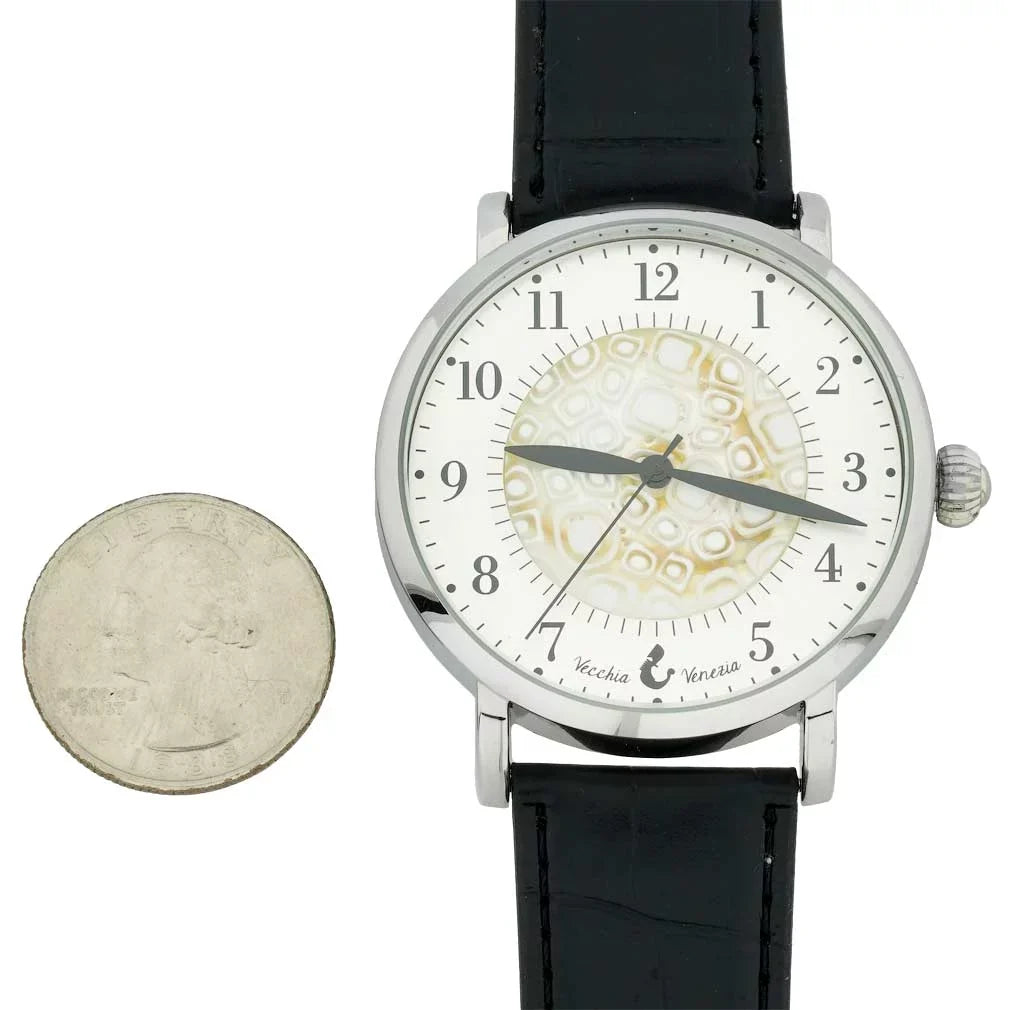 GlassOfVenice Murano Glass Men's Millefiori Watch With Leather Band - White and Black