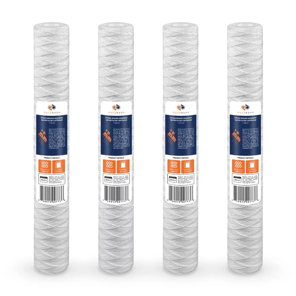 Aquaboon 1 Micron 20" x 2.5" String Wound Sediment Water Filter Cartridge | Universal Replacement for Any 20 inch RO Unit | Compatible with 101-230, PD-5-20, AP110-2C, P5-20, CFS124-C20, 4-Pack