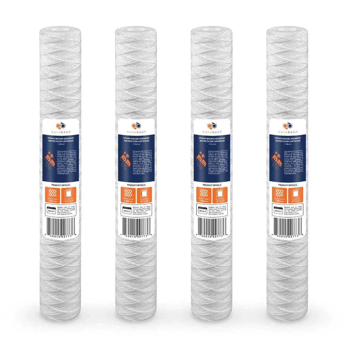 Aquaboon 1 Micron 20" x 2.5" String Wound Sediment Water Filter Cartridge | Universal Replacement for Any 20 inch RO Unit | Compatible with 101-230, PD-5-20, AP110-2C, P5-20, CFS124-C20, 4-Pack
