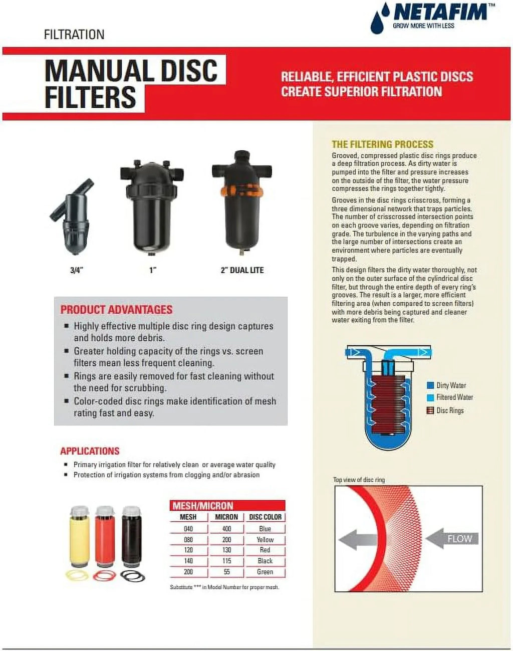 Netafim 3/4" MPT Disc Filter (120 Mesh/125 Micron) - Red Filter Element