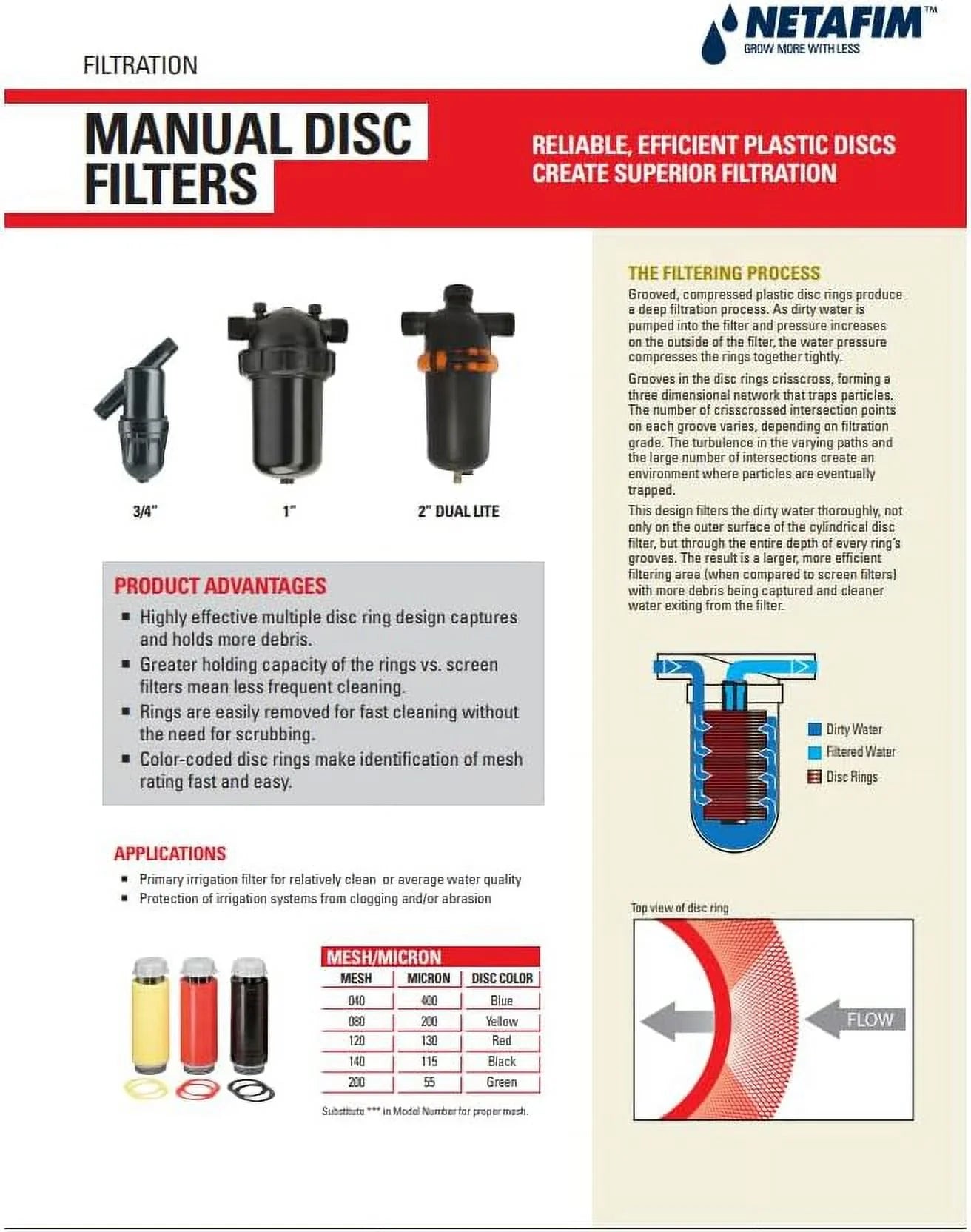 Netafim 3/4" MPT Disc Filter (120 Mesh/125 Micron) - Red Filter Element