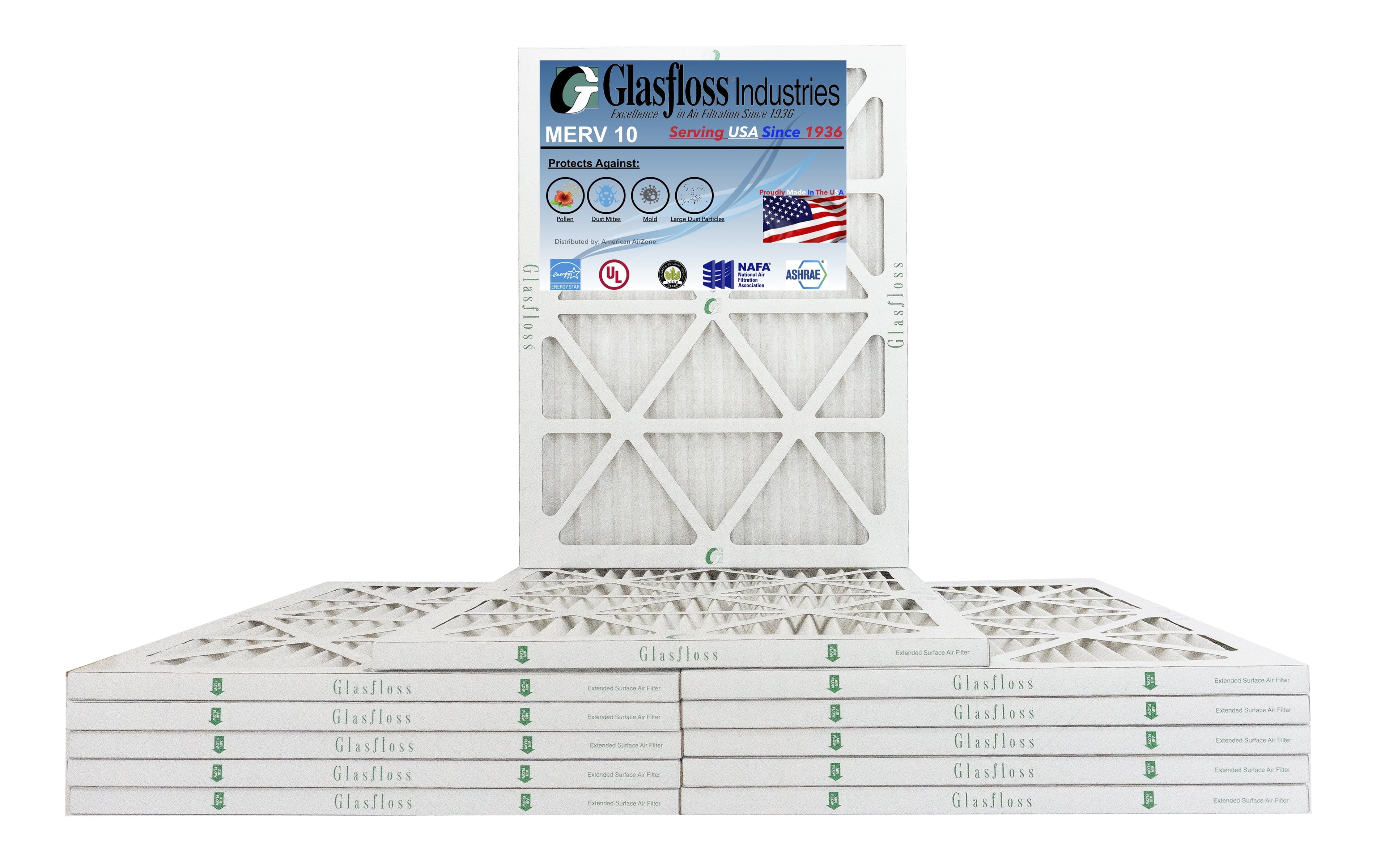 Glasfloss 16x24x1 - MERV 10 -Qty:12 - Furnace Air Filter - Made in USA (Actual Size: 15.5 x 23.5x7/8 inch)
