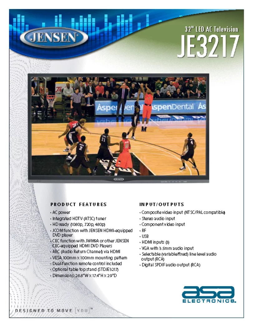JENSEN JE3217 32" LED AC Television with Integrated HDTV (ATSC) Tuner and Remote Control, 1366 x 768 WXGA+ Screen Definition, HDTV Ready (1080p, 720p, & 480p), High Performance Wide 16:9 LCD panel, 110V AC