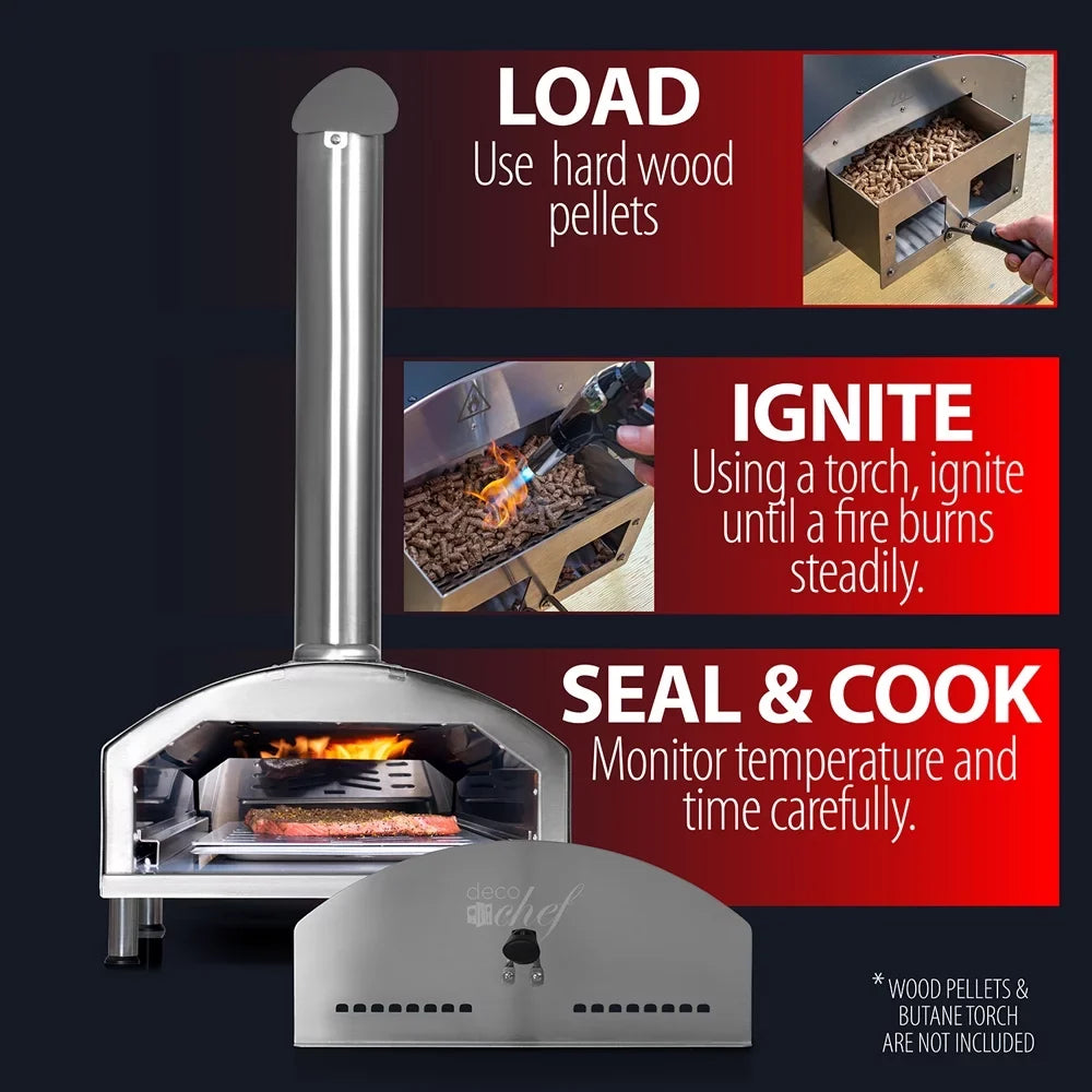 Open Box Deco Chef Outdoor Pizza Oven with 2-in-1 Pizza and Grill Oven Functionality, 13" Pizza Stone, 3-Layer Stainless Steel Construction, Pizza Peel, Dough Scraper, Scoop, Slotted Grill (Black)