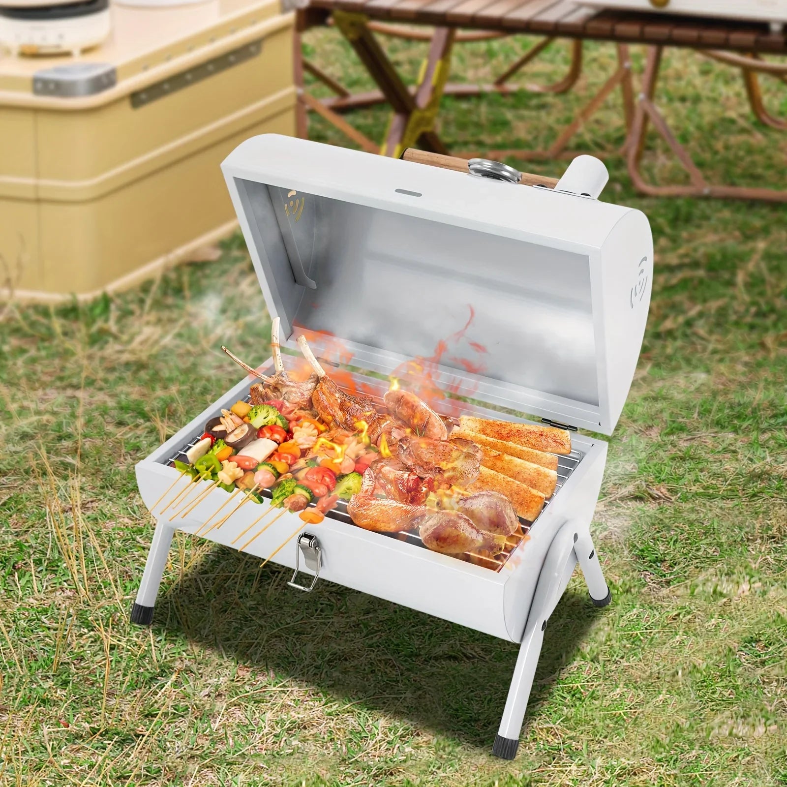 DFSDFGF32 White Multi-functional BBQ Grill with Thermometer