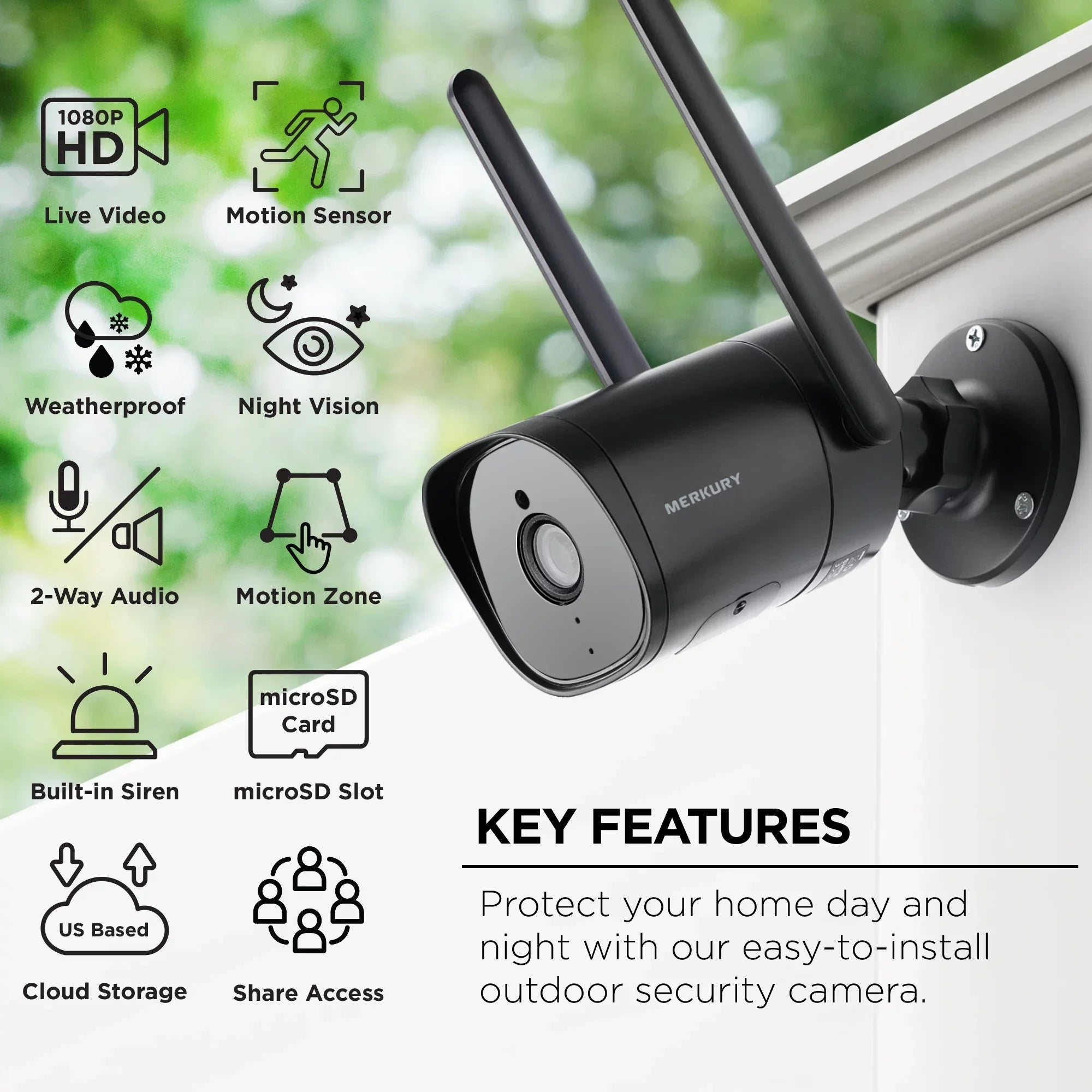 Merkury Smart 1080P Smart Outdoor Security Camera - Weatherproof, Night Vision, 2-Way Audio, Black, Wi-Fi