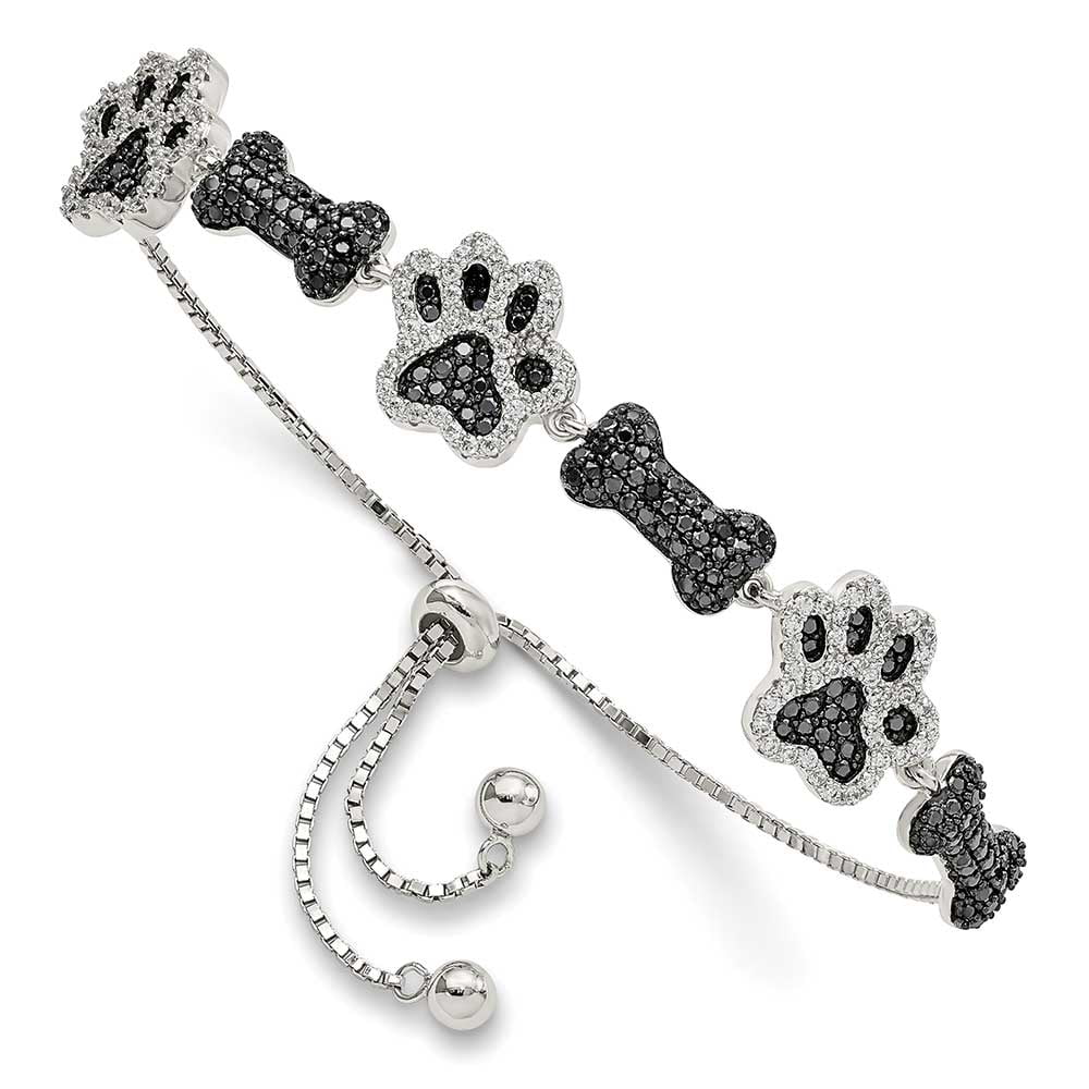 Sterling Silver Polished CZ Paw Print & Dog Bone Adj Bracelet