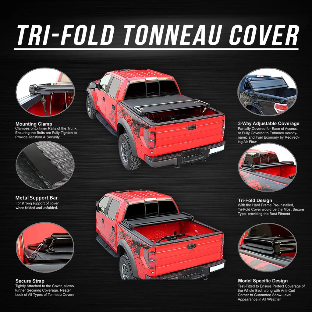 DNA Motoring TTC-TRISOFT-090 For 2019 to 2021 Ford Ranger 5Ft Short Bed Adjustable Matte Black Aluminum Frame Vinly Tri -Fold Soft Top Trunk Tonneau Cover 20