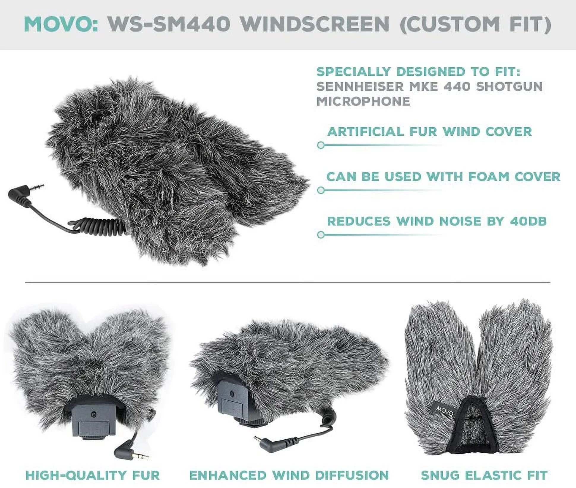 Movo WS-SM440 Furry Outdoor Microphone Windscreen Muff Custom Fit for Sennheiser MKE 440 Compact Stereo Shotgun Microphone