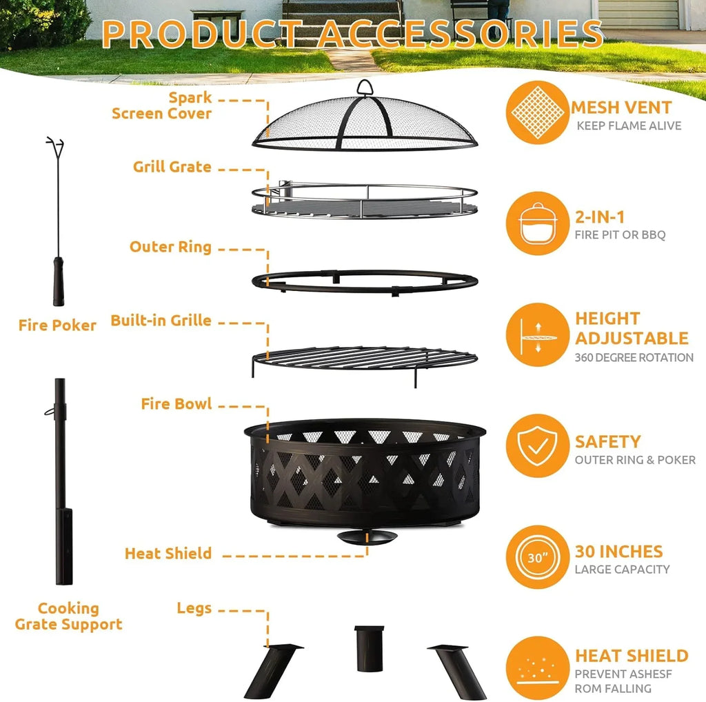 ECOPATIO Fire Pit for Outside, 30 Inch Large Outdoor Wood Burning Fire Pits, Patio Backyard Firepit with Steel BBQ Grill Cooking Grate, Spark Screen & Poker for Garden, Bonfire, Camping, Picnic