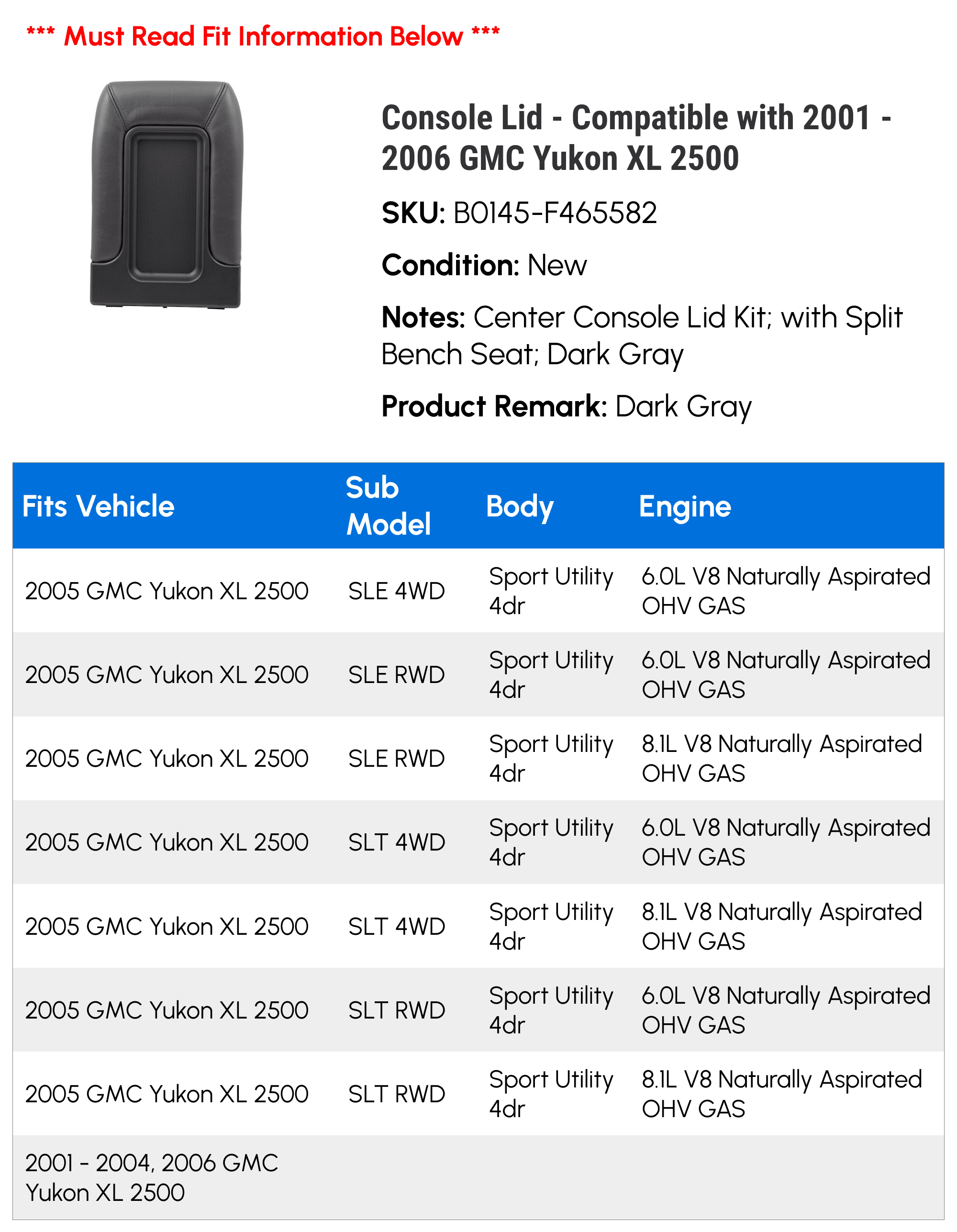 Console Lid - Compatible with 2001 - 2006 GMC Yukon XL 2500 2002 2003 2004 2005