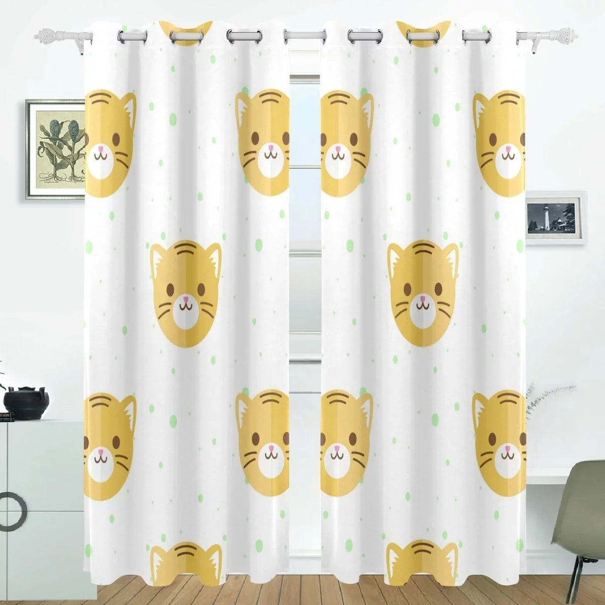 POPCreation Flat Cartoon Tiger Heads Pattern Window Curtain Blackout Curtains Darkening Thermal Blind Curtain for Bedroom Living Room,2 Panel (52Wx84L Inches)