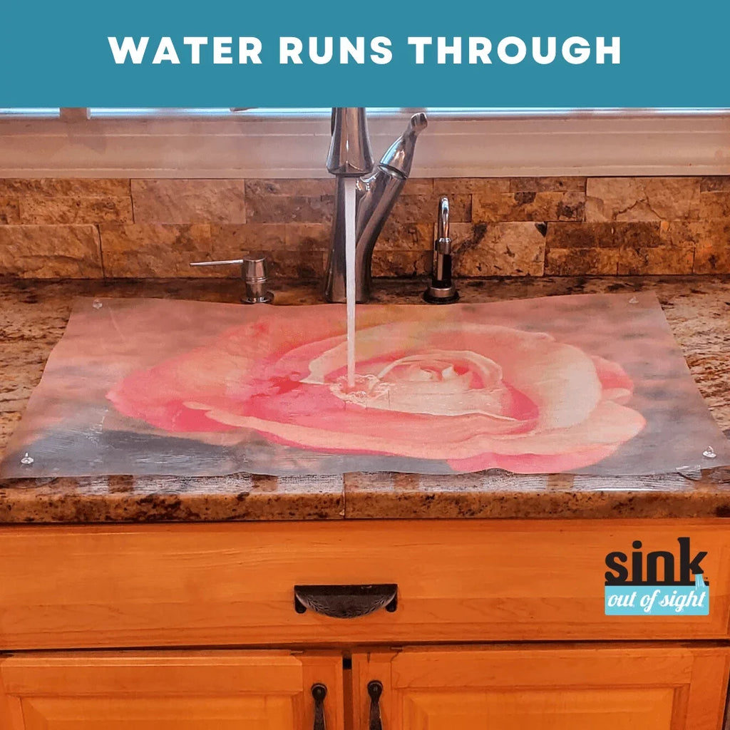 Sink Out of Sight- Home Décor Kitchen Sink Cover, Hot/Cold Liquids and Debris pass through cover, 5 Designs, 2 adjustable sizes. Design: Jenny's Rose Size 39.5"X20" for double sink coverage -SK2-JR2-a