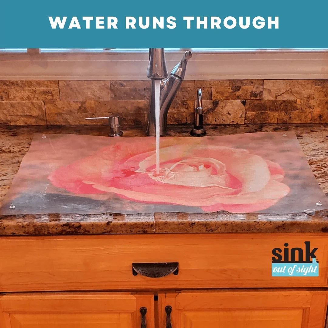 Sink Out of Sight- Home Décor Kitchen Sink Cover, Hot/Cold Liquids and Debris pass through cover, 5 Designs, 2 adjustable sizes. Design: Jenny's Rose Size 39.5"X20" for double sink coverage -SK2-JR2-a