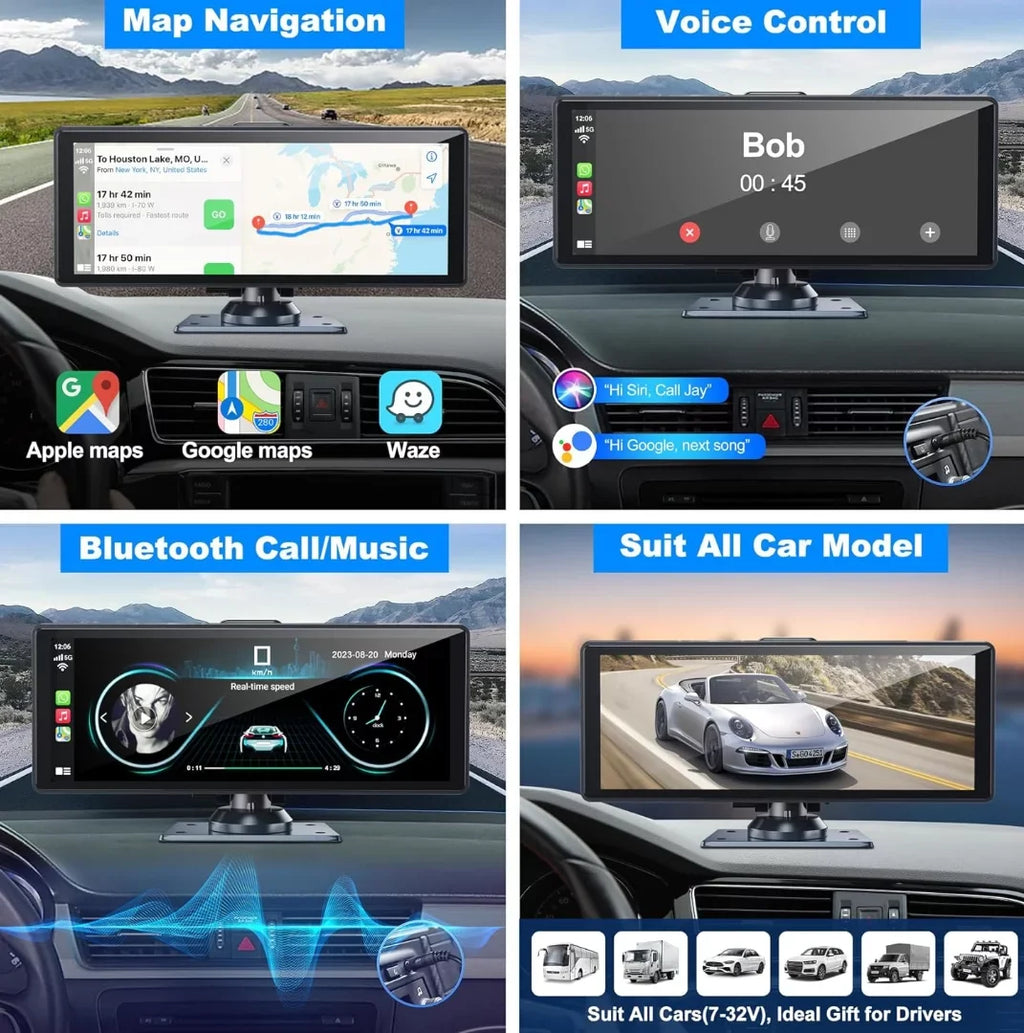 Portable Wireless Carplay& Android Auto Car Screen,10.26 Inch IPS Touchscreen with 4K Dashcam and HD Back-up Camera Support Bluetooth/Siri/Google/GPS/Mirror-Link