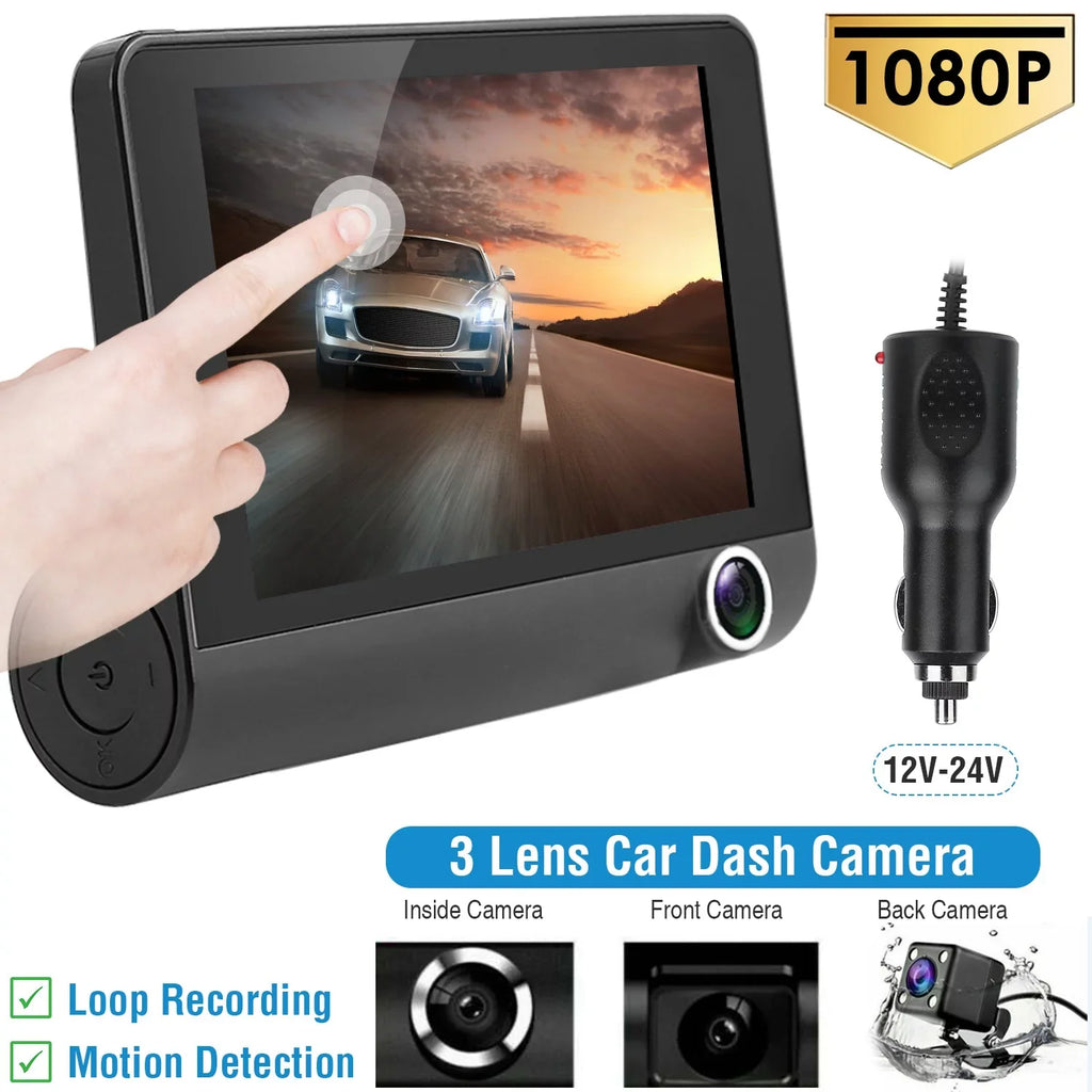 FHD Car DVR Dash Camera, iMounTEK Dash Camera 1080P 4in IPS Touch Screen 3 Channel Dash Cam(Front, Inside, Rear) Vehicle Driving Recorder Seamless Loop Recording Motion Detection