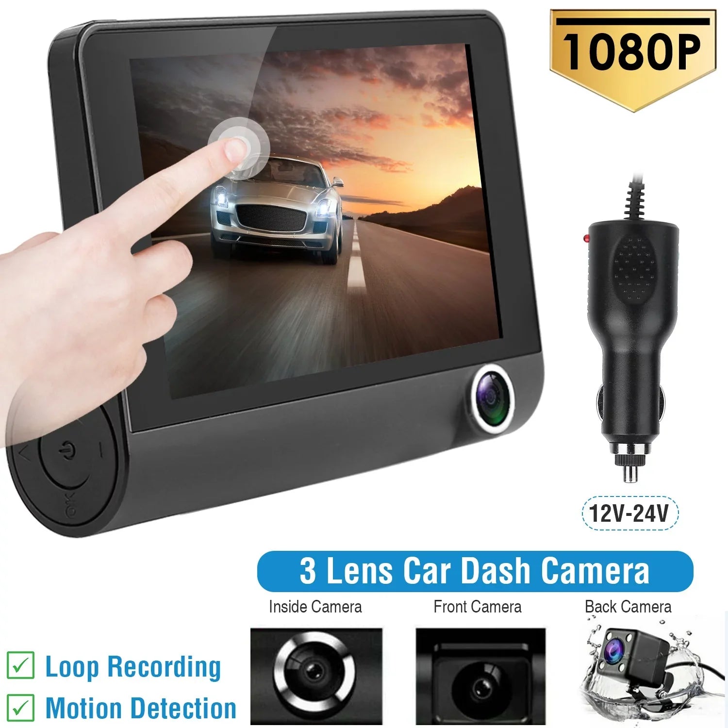 FHD Car DVR Dash Camera, iMounTEK Dash Camera 1080P 4in IPS Touch Screen 3 Channel Dash Cam(Front, Inside, Rear) Vehicle Driving Recorder Seamless Loop Recording Motion Detection