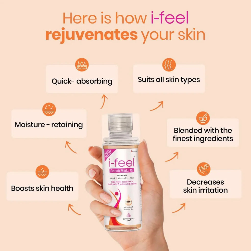 I-Feel Stretch Mark Oil For Pregnancy Stretch Marks | Scar Removal Oil | Dermatologically Tested | Even Toned Skin With Goodness Of Vitamin E, A And Natural Oils | 100 Ml