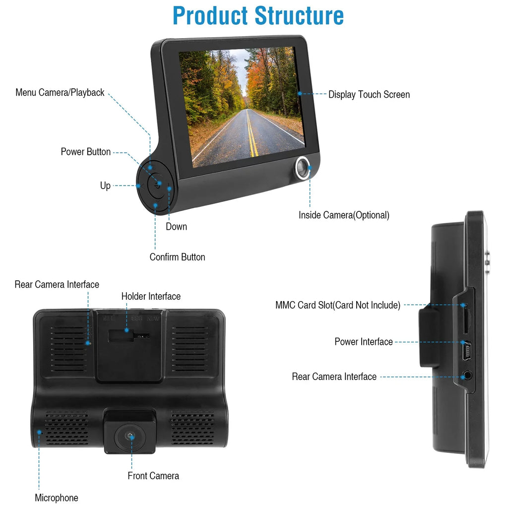 FHD Car DVR Dash Camera, iMounTEK Dash Camera 1080P 4in IPS Touch Screen 3 Channel Dash Cam(Front, Inside, Rear) Vehicle Driving Recorder Seamless Loop Recording Motion Detection