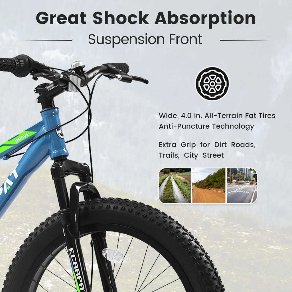 24 Inch Fat Tire Bicycle, 7 Speed Mountain Bike, Dual Disc Brake, Front Suspension, Mountain Trail Bike, Adjustable Seat, Blue