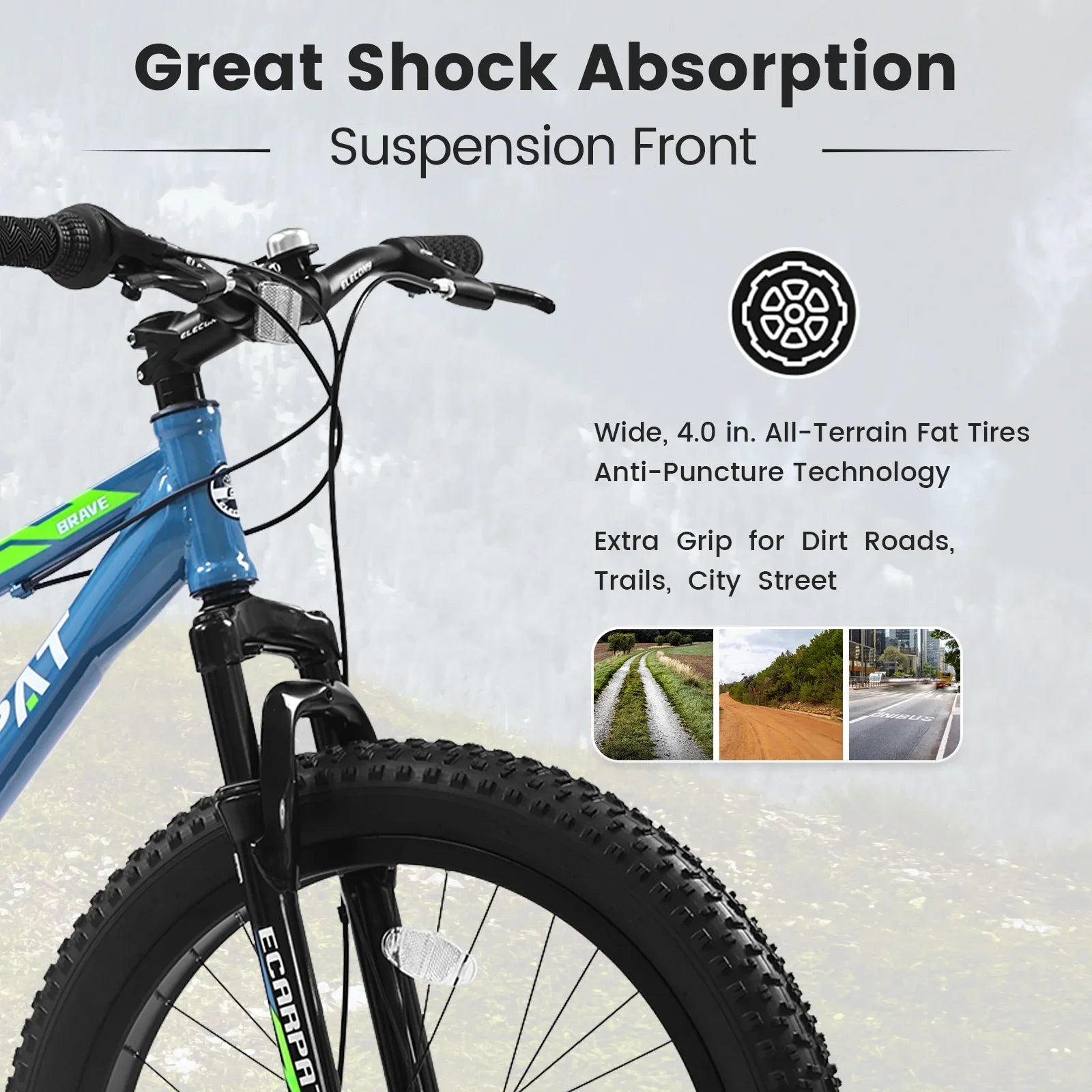 24 Inch Fat Tire Bicycle, 7 Speed Mountain Bike, Dual Disc Brake, Front Suspension, Mountain Trail Bike, Adjustable Seat, Blue