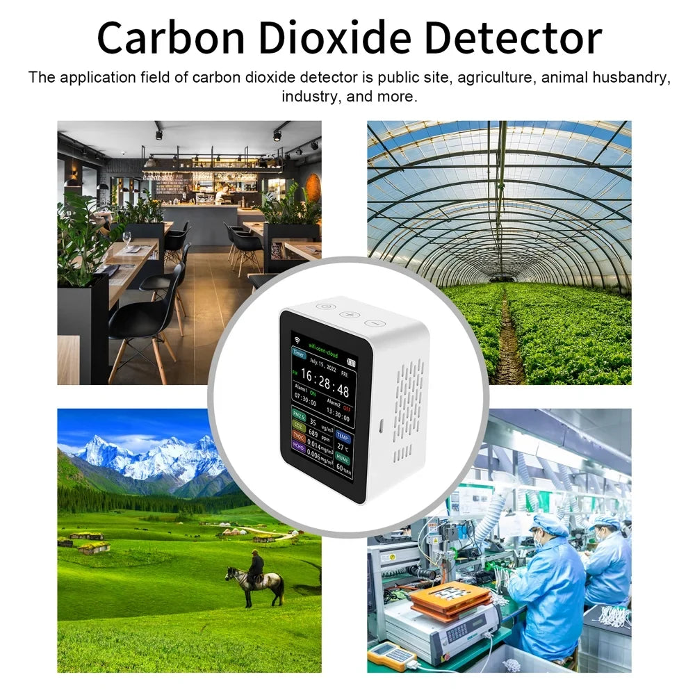 Wifi Intelligent Air Quality Detector Pm2.5 Co2 Tvoc Hcho Temperature Humidity 6 In 1 Detector Time Date Week Monitor Mobilephone App Remotes Viewing 2 Sets Alarm Clock Home Indoor Desk
