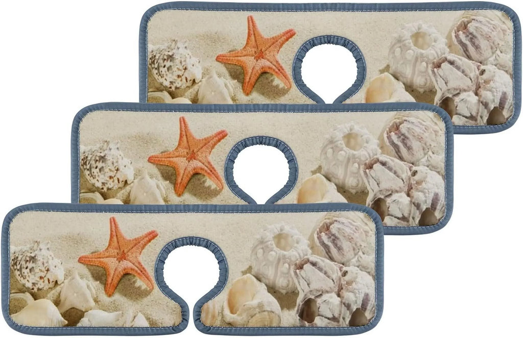 Bestwell 3PCS Faucet Absorbent Mat, Sea Beach Starfishes Summer Washable Sink Splash Guard Drip Catcher, Kitchen Bath Countertop Sinkmat Microfiber Drying Mats