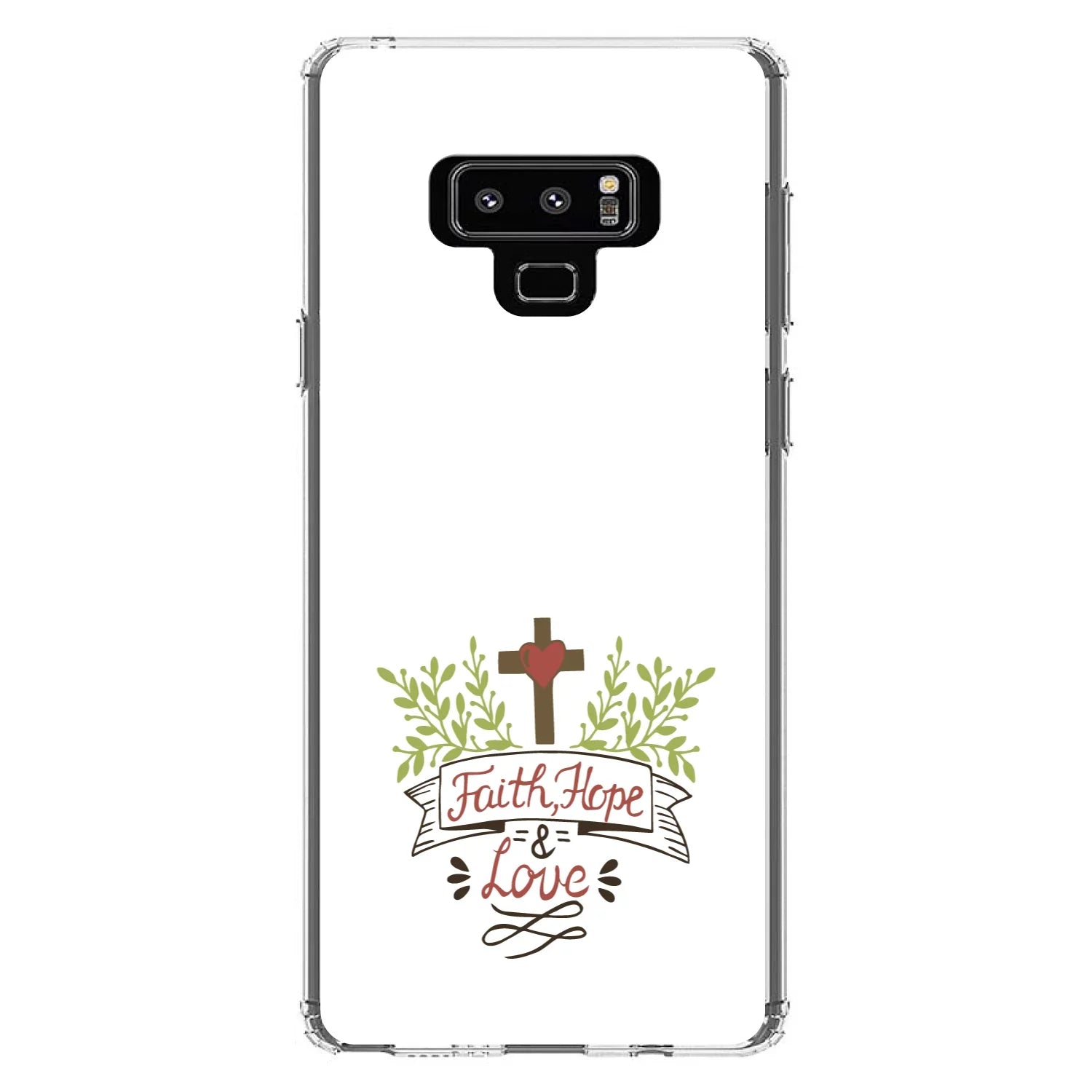 DistinctInk Clear Shockproof Hybrid Case for Samsung Galaxy Note 9 - TPU Bumper, Acrylic Back, Tempered Glass Screen Protector - Faith, Hope & Love - Cross & Leaves