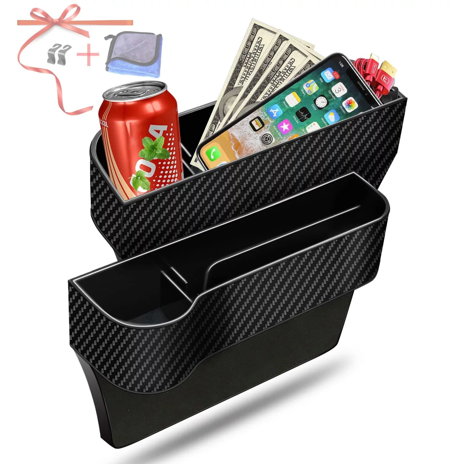 FOAUUH 2 Pack Car Seat Gap Filler Organizer,Multifunctional Car Seat Organizer with Cup Holders 2 Seat Hooks for Drink,Car Organizer Front Seat