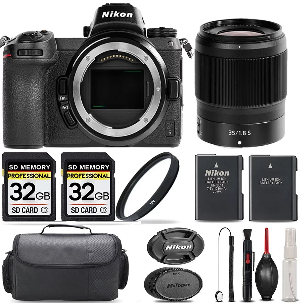 Nikon Z6 Mirrorless with 35mm f/1.8 S Lens + 64GB Storage + UV Filter + Extra Backup Battery + Case + Cleaning Kit - International Version