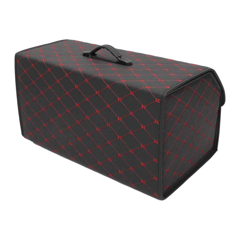 54x31x29cm Black PU Leather Car Storage Bag Trunk Organiser Foldable Boot Bag with Handle for Truck SUV Red Stitches