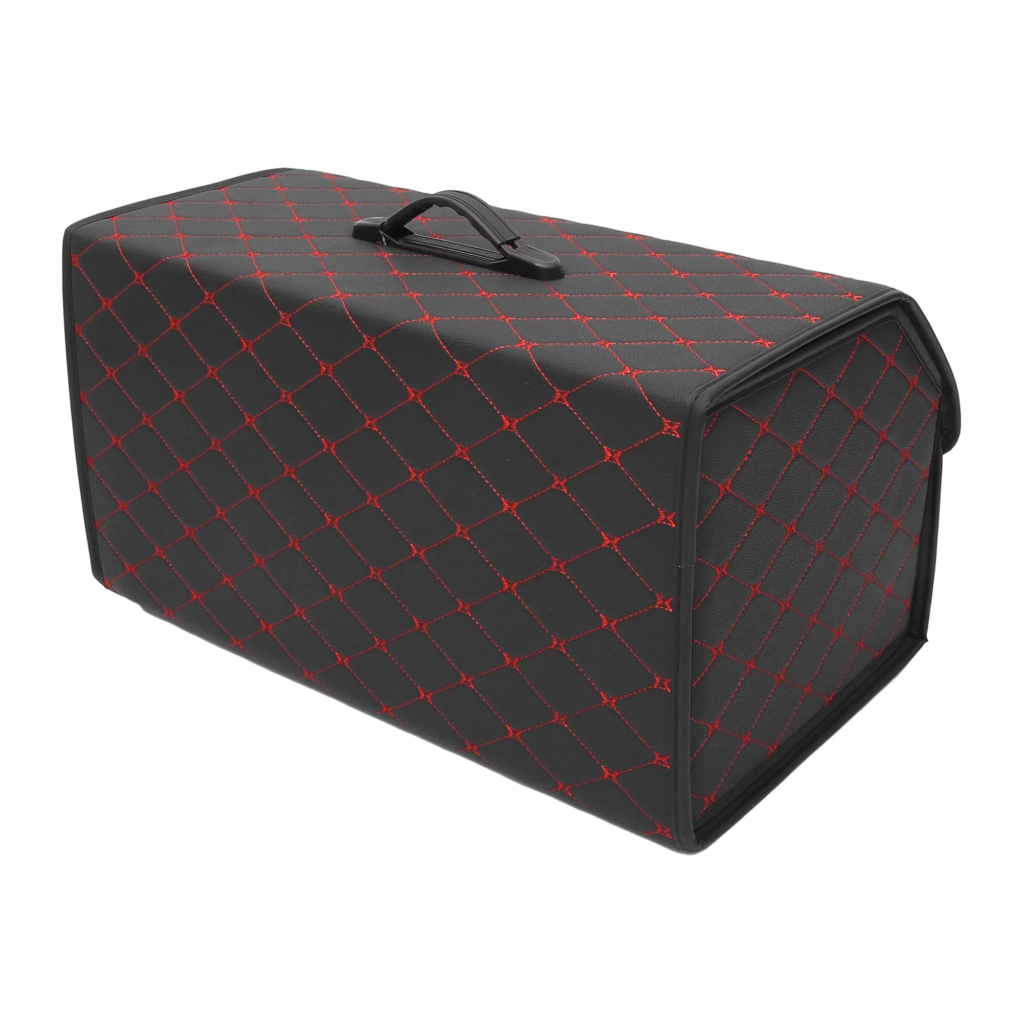54x31x29cm Black PU Leather Car Storage Bag Trunk Organiser Foldable Boot Bag with Handle for Truck SUV Red Stitches
