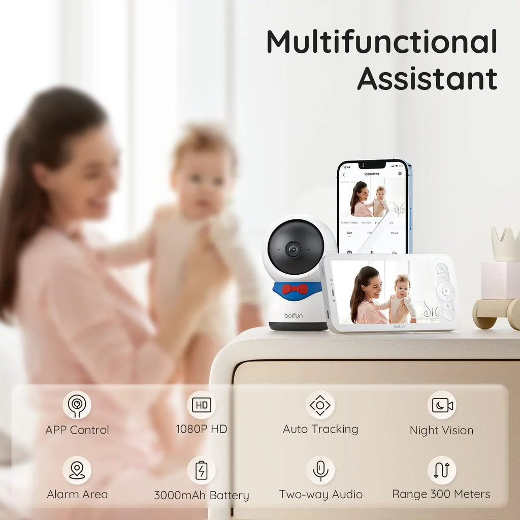 BOIFUN Video Baby Monitor with Remote Pan-Tilt-Zoom, 1080P, Motion Detection & Auto Track, 300M Long Range, APP, Night Vision, 5'' Smart Baby Monitor with Camera and Two-way Audio