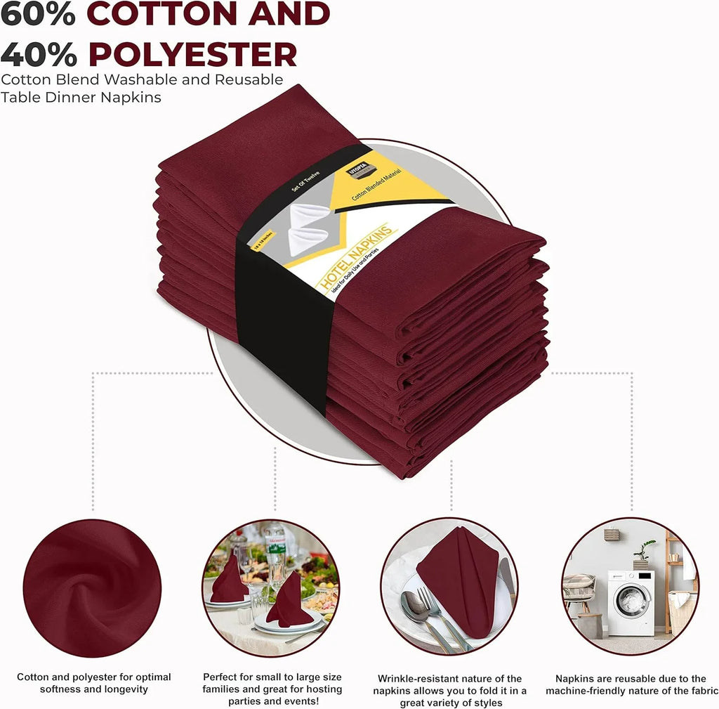 Utopia Kitchen Burgundy Cloth Napkins [12 Pack, 18x18 Inch] Cotton Blend Washable and Reusable Table Dinner Napkins for Hotel, Lunch, Restaurant, Weddings, Event and Parties 18x18 Inch Burgundy