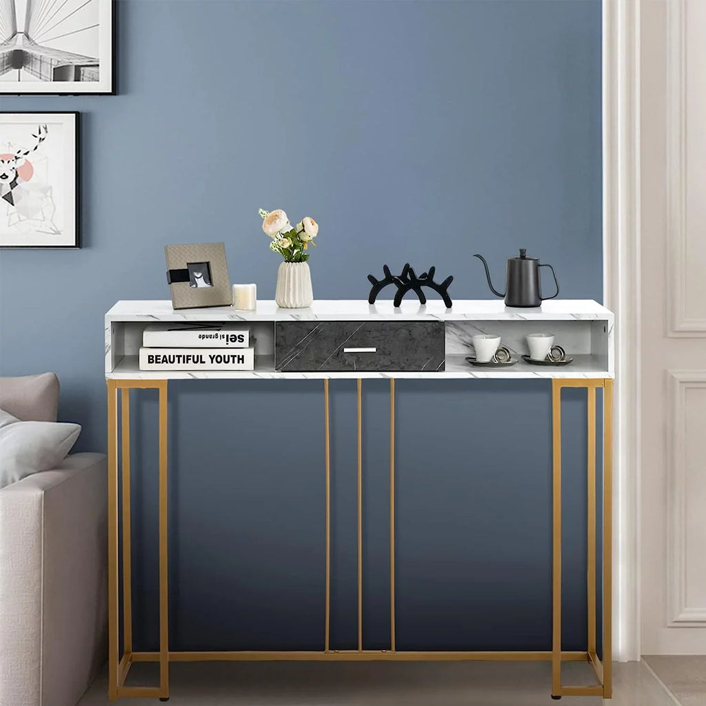 NLTBONNIE Console Table with Drawer - Sofa  with Anti-Toppling Device &amp; Adjustable Foot Pads  Faux Marble Foyer Table for Hallway  Entryway  Living Room  Dining Room &amp; Kitchen Ent