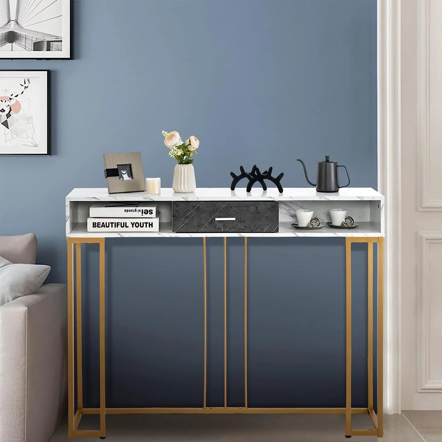 NLTBONNIE Console Table with Drawer - Sofa  with Anti-Toppling Device &amp; Adjustable Foot Pads  Faux Marble Foyer Table for Hallway  Entryway  Living Room  Dining Room &amp; Kitchen Ent