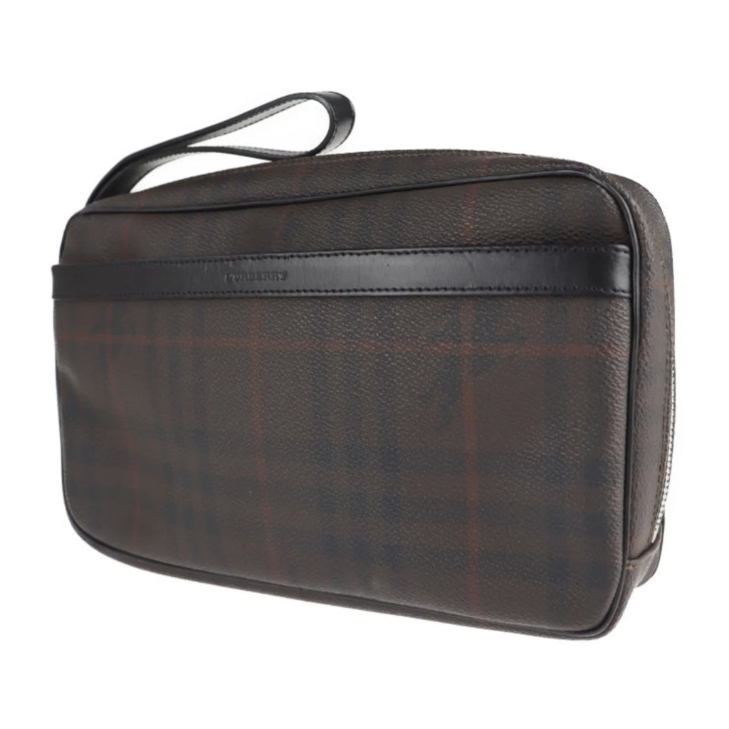 Pre-Owned BURBERRY Burberry Second Bag PVC Leather Dark Brown Plaid Clutch (Good)