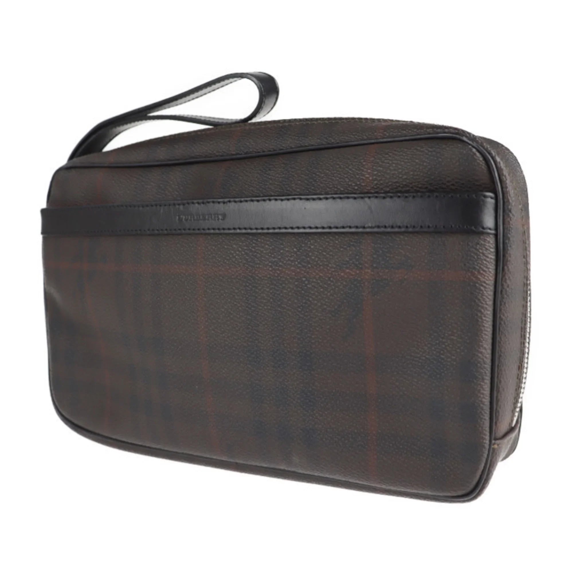 Pre-Owned BURBERRY Burberry Second Bag PVC Leather Dark Brown Plaid Clutch (Good)