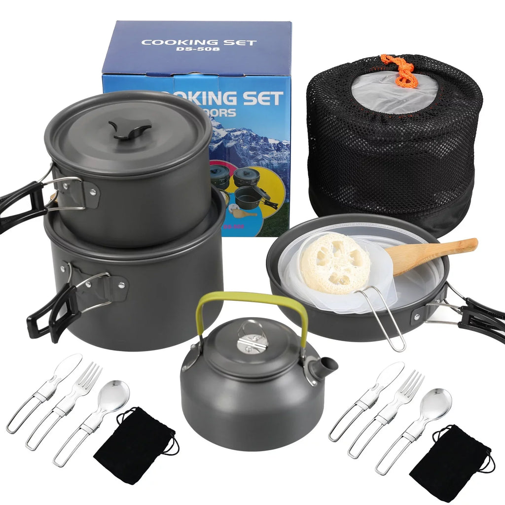 6588 Camping Cookware Mess Kit, Non-Stick Pot and Pan Set with Kettle for Cooking, Hiking, and Backpacking