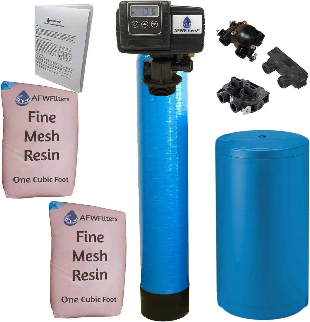 AFWFilters 2 cubic Foot 64k Whole Home Iron Pro Water Softener with Fine Mesh Resin, 3/4" Plastic MNPT Connection, and Blue Tanks