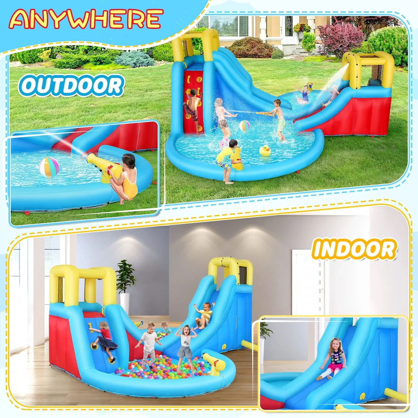 Veeboto Inflatable Water Slide for kids with 520W Blower Bounce House with 2 Water Slides, 2 Splash Pool & 2 Climbing Walls Indoor/Outdoor Playgrounds
