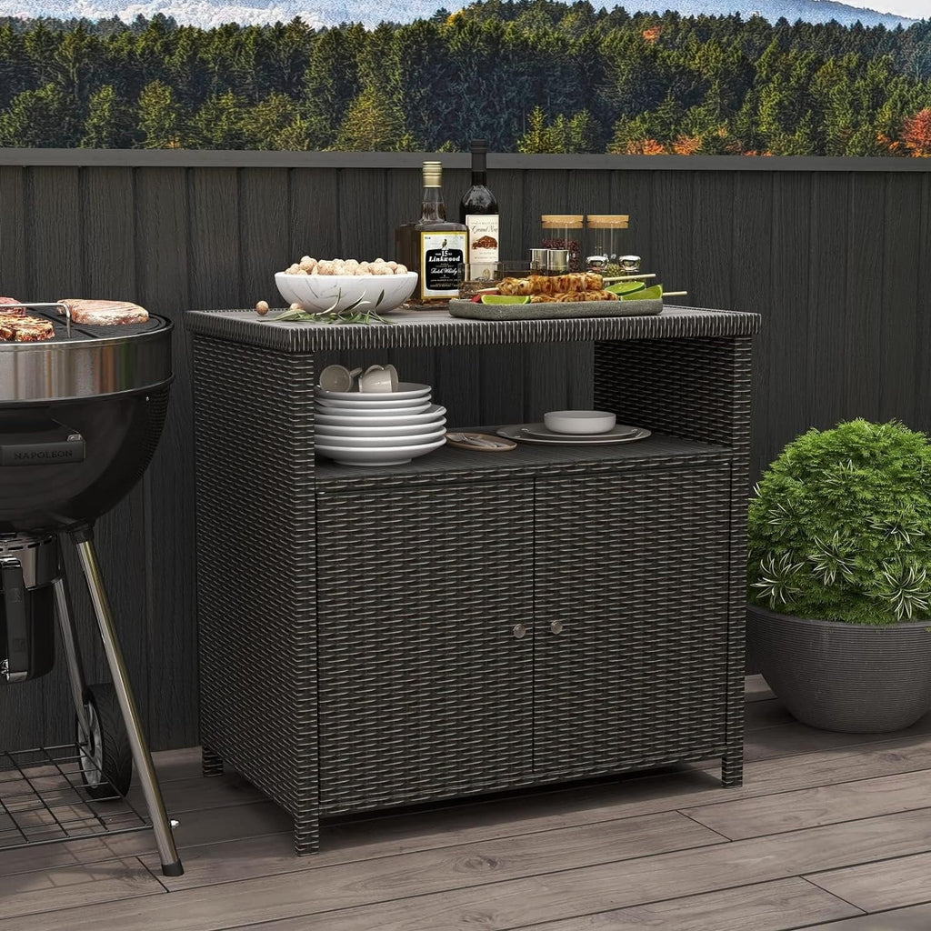 AUCHI Indoor Outdoor 2-Door Wicker Storage Cabinet with Shelf, Powder Coated Steel, All Weather Resin Wicker, Dark Brown