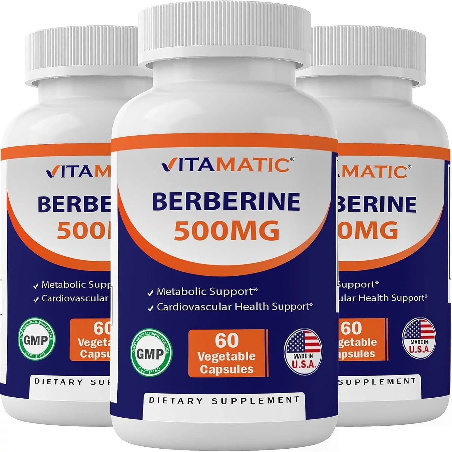 Vitamatic Berberine Supplement 500mg - 60 Vegetable Capsules - Made in The USA - Gluten Free - Non-GMO (3 Bottles)