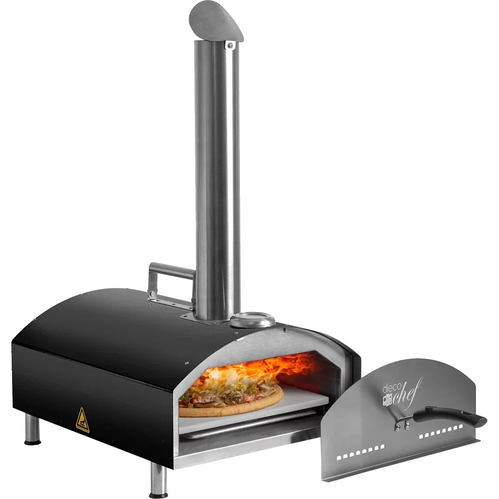 Open Box Deco Chef Outdoor Pizza Oven with 2-in-1 Pizza and Grill Oven Functionality, 13" Pizza Stone, 3-Layer Stainless Steel Construction, Pizza Peel, Dough Scraper, Scoop, Slotted Grill (Black)