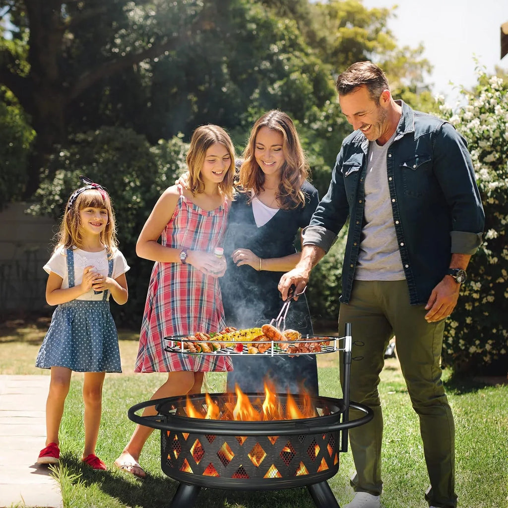 ECOPATIO Fire Pit for Outside, 30 Inch Large Outdoor Wood Burning Fire Pits, Patio Backyard Firepit with Steel BBQ Grill Cooking Grate, Spark Screen & Poker for Garden, Bonfire, Camping, Picnic