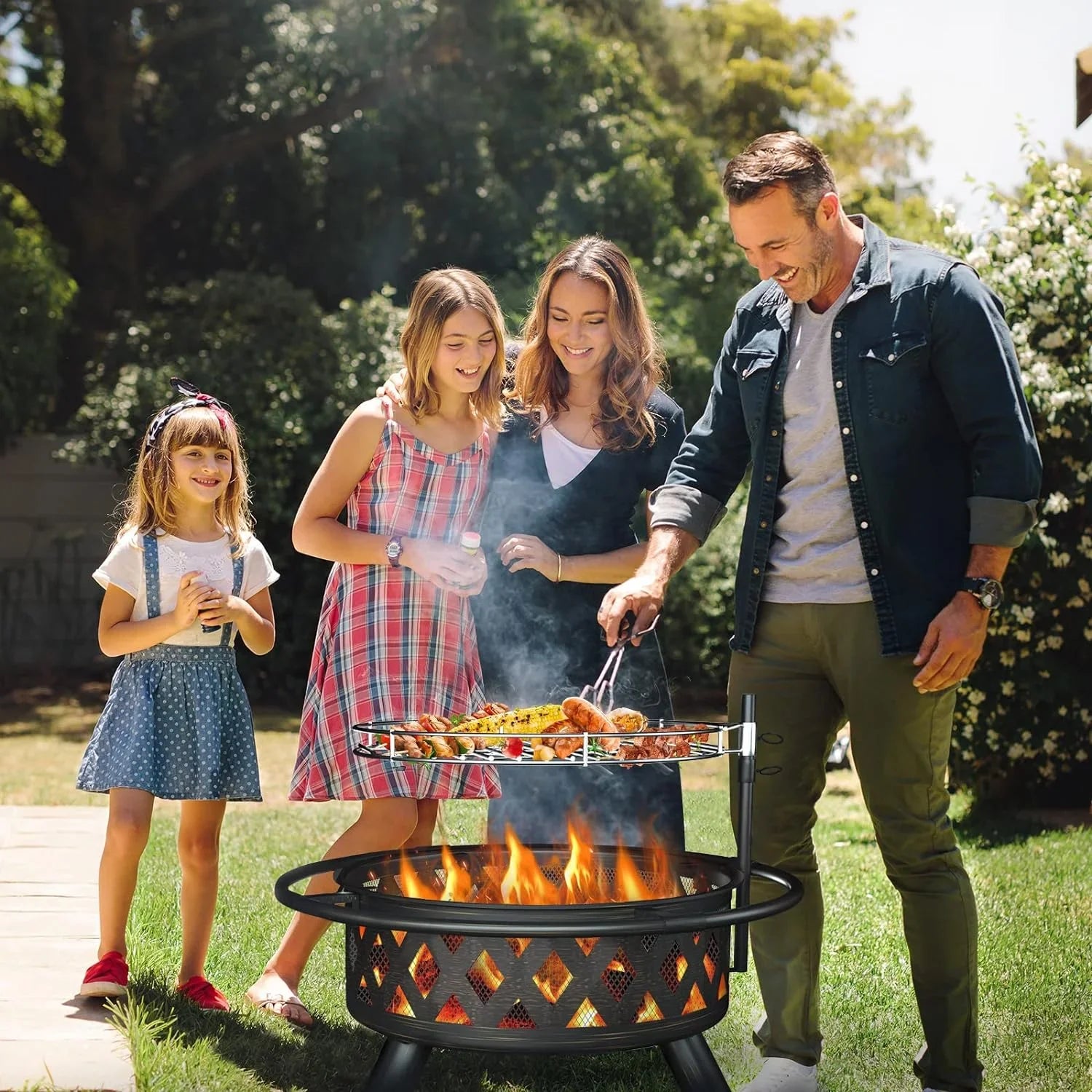 ECOPATIO Fire Pit for Outside, 30 Inch Large Outdoor Wood Burning Fire Pits, Patio Backyard Firepit with Steel BBQ Grill Cooking Grate, Spark Screen & Poker for Garden, Bonfire, Camping, Picnic