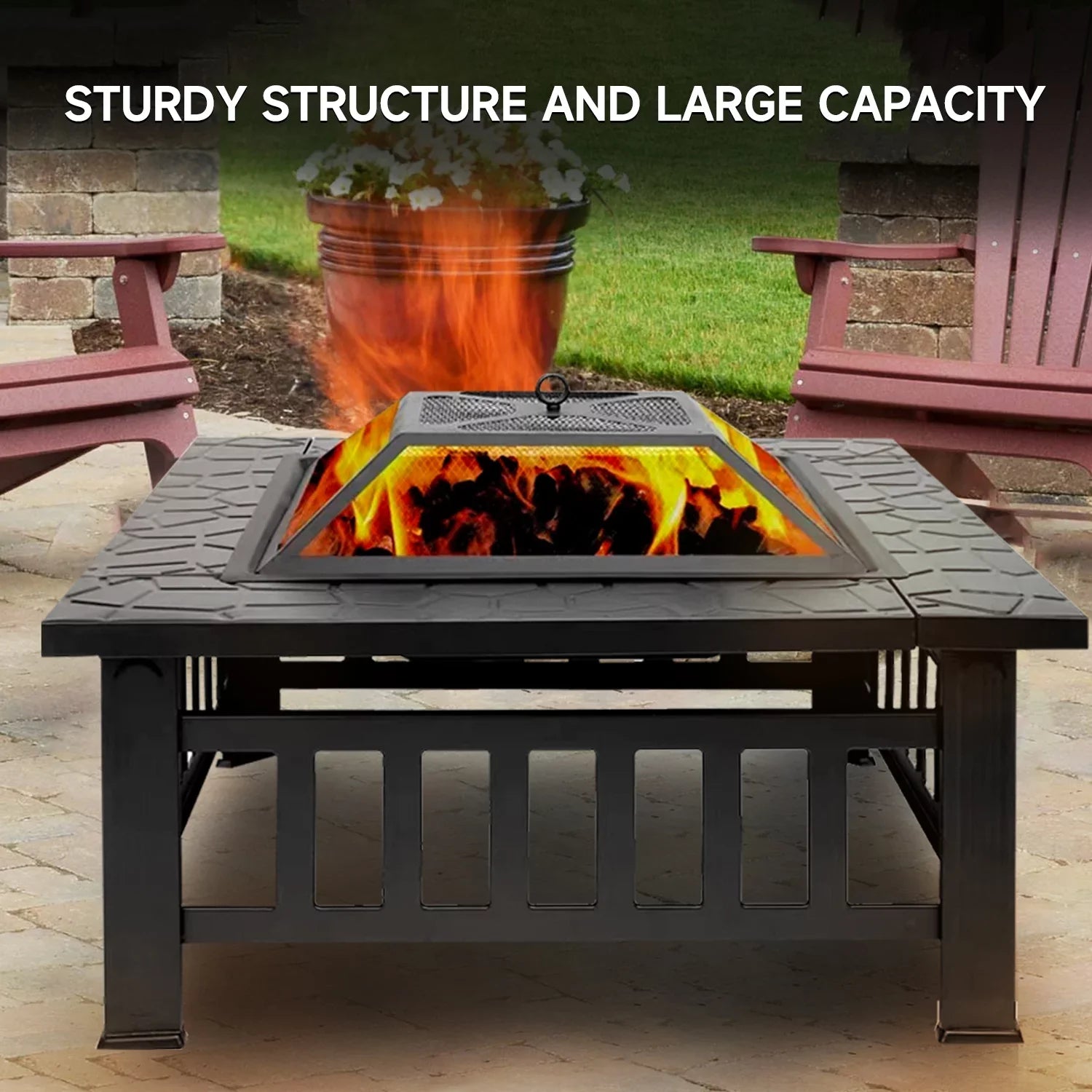 GSE Games & Sports Expert 32" Heavy Duty Square Patio Wood Fire Pit Table with Spark Screen Cover, Log Grate, Waterproof Cover and Fire Poker for Outdoor Backyard, Garden, Bonfire
