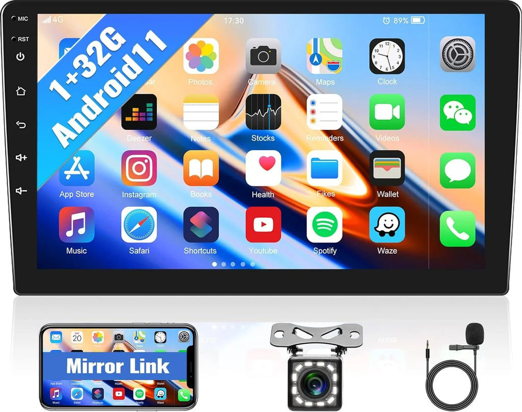 1+32G Car Stereo Android 13 Carplay,10.1 inch HD 1080P Touchscreen FM Receiver Radio Player with Bluetooth Support Change Theme GPS Navigation WiFi USB Mirror Link with Backup Camera